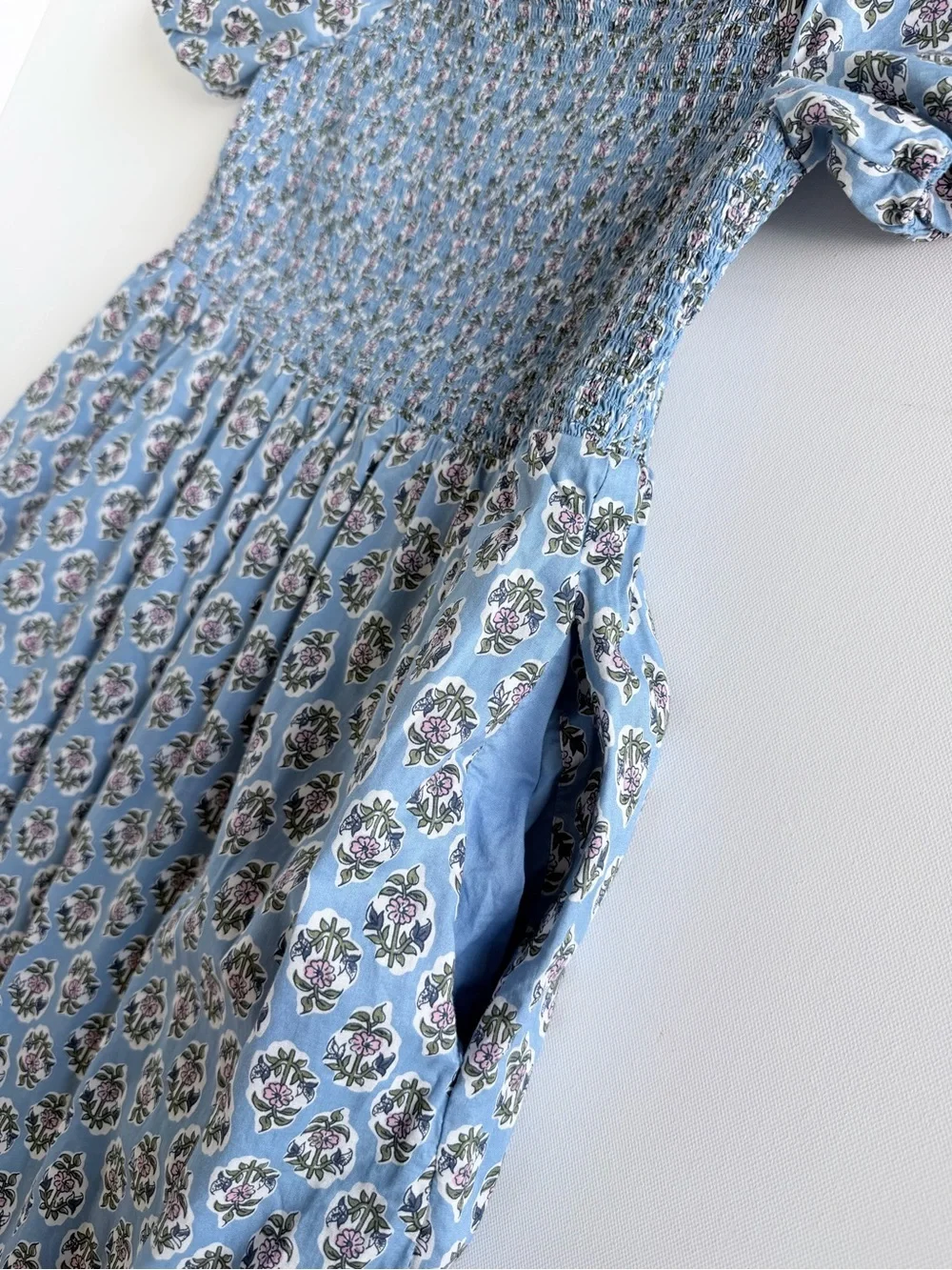 J.Crew Blue Floral Smocked Midi Dress S Cotton Puff Sleeve Cottagecore